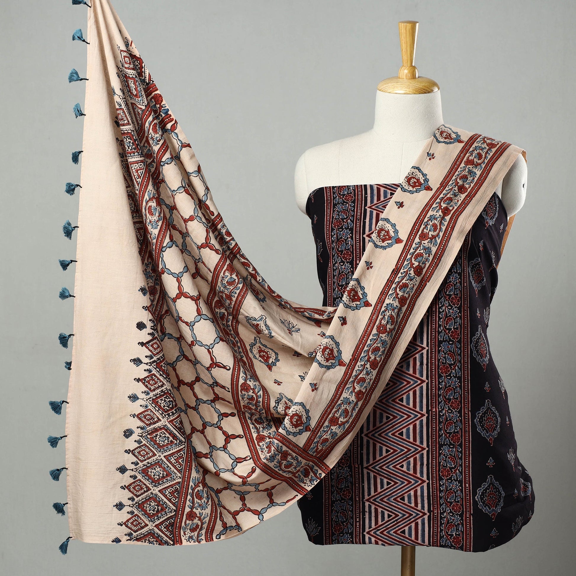 Black - Hand Block Print Cotton 3pc Ajrakh Dress Material 19
