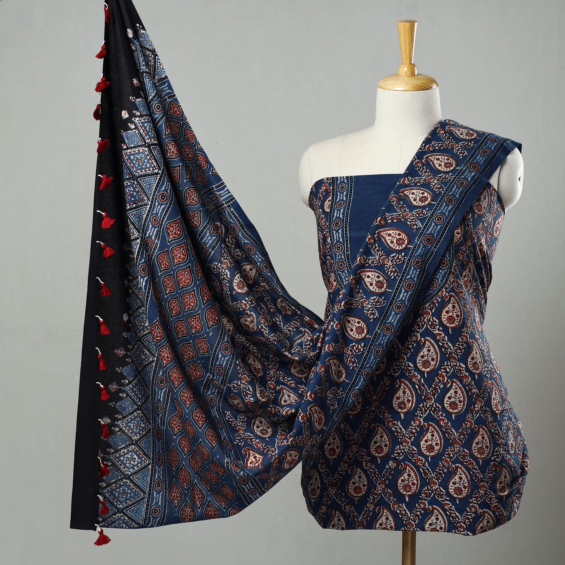 Blue - Hand Block Print Cotton 3pc Ajrakh Dress Material 21