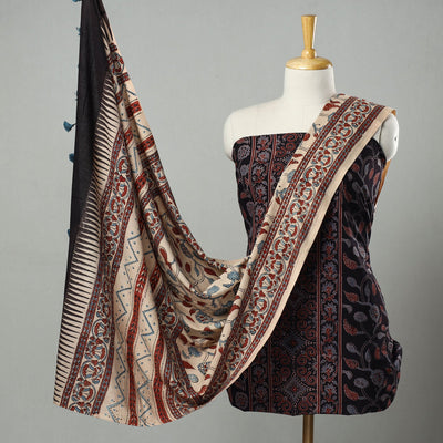 Black - Hand Block Print Cotton 3pc Ajrakh Dress Material 24