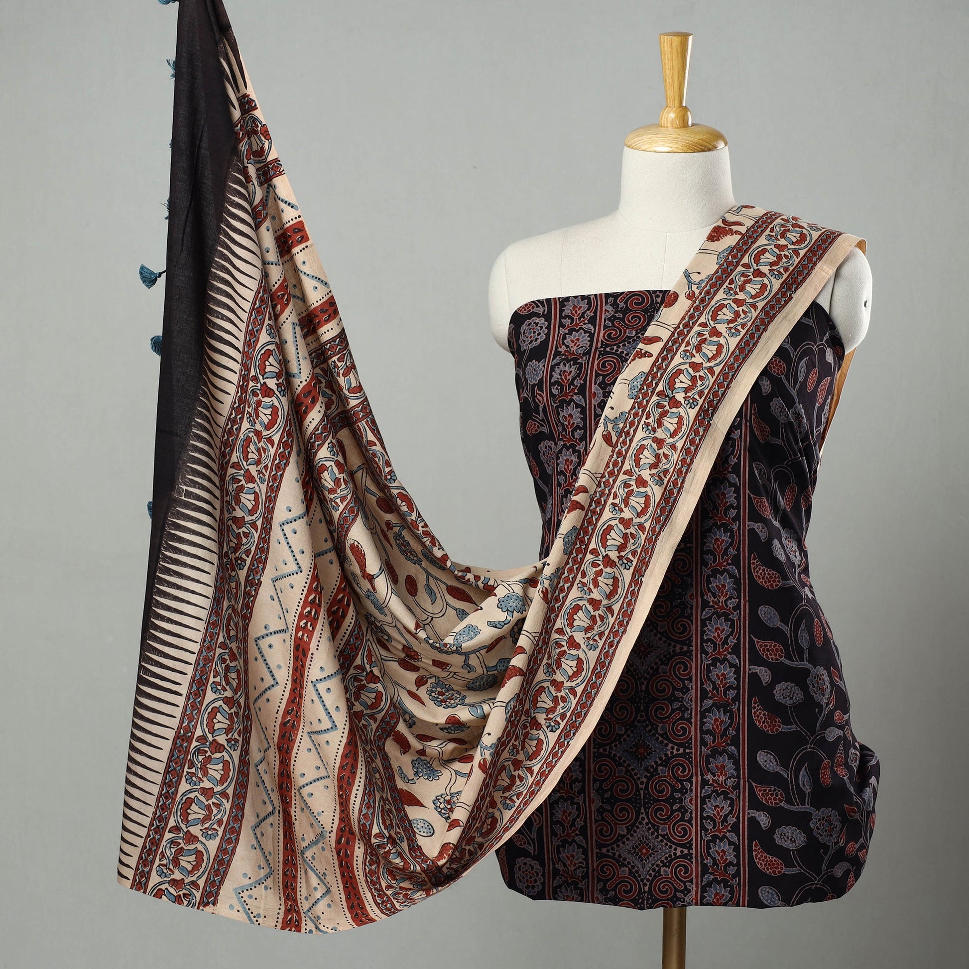 Black - Hand Block Print Cotton 3pc Ajrakh Dress Material 24