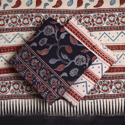 Black - Hand Block Print Cotton 3pc Ajrakh Dress Material 24