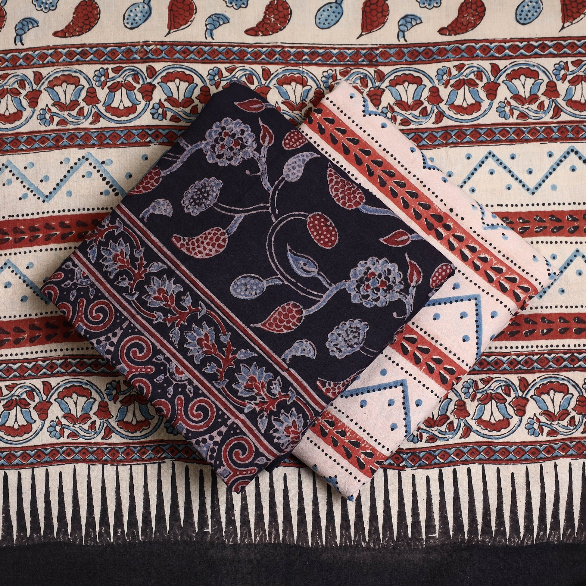 Black - Hand Block Print Cotton 3pc Ajrakh Dress Material 24