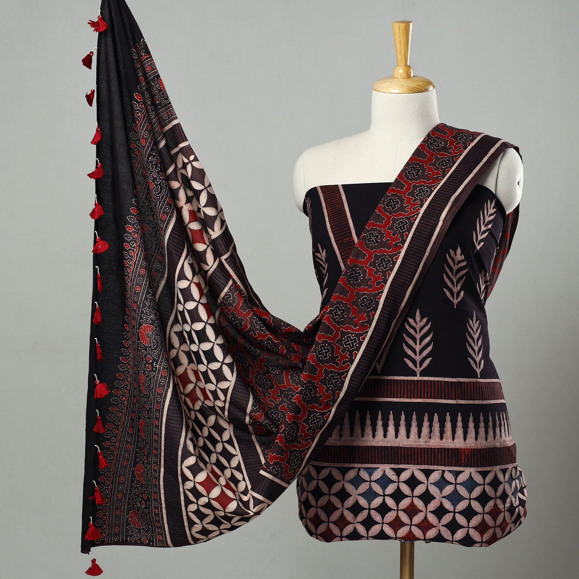 Black - Hand Block Print Cotton 3pc Ajrakh Dress Material 28
