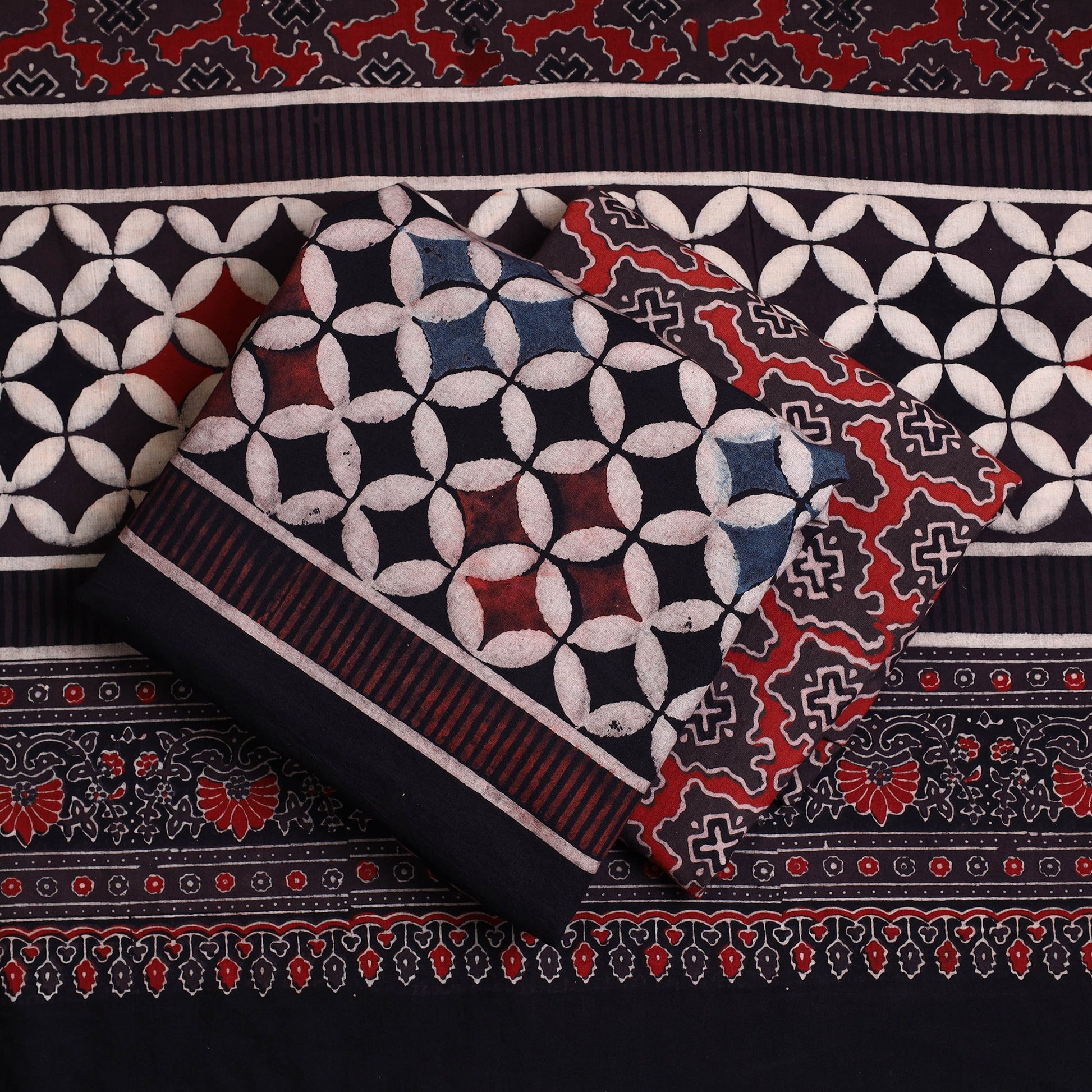 Black - Hand Block Print Cotton 3pc Ajrakh Dress Material 28
