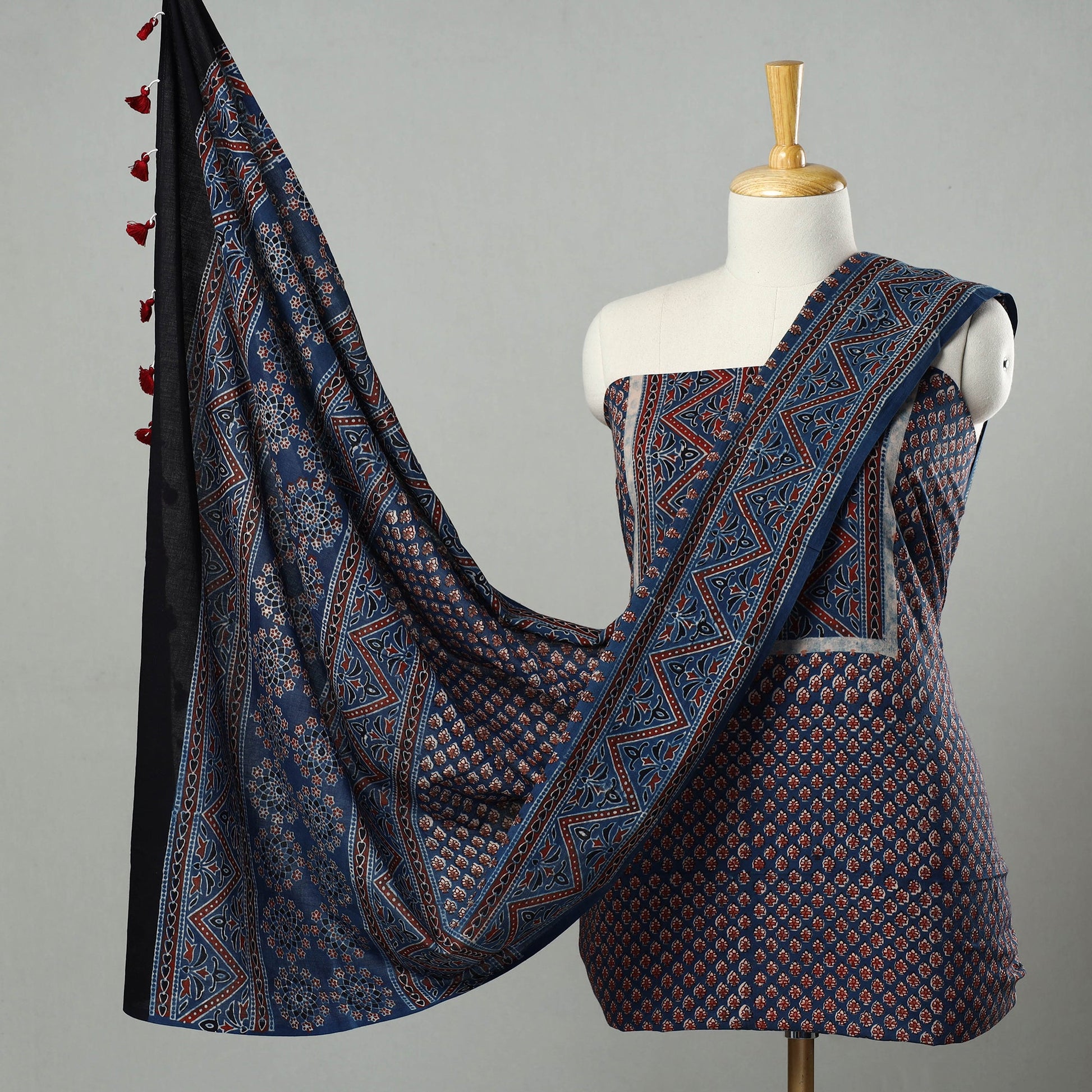 Blue - Hand Block Print Cotton 3pc Ajrakh Dress Material 30
