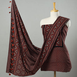 Brown - Hand Block Print Cotton 3pc Ajrakh Dress Material 35