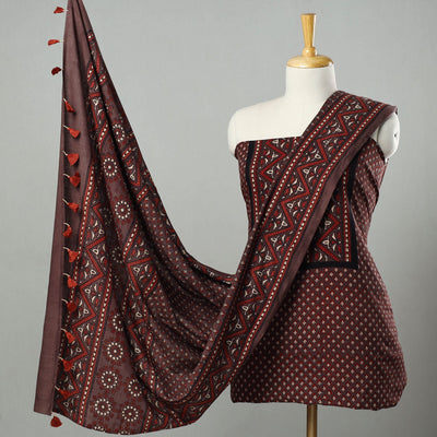 Brown - Hand Block Print Cotton 3pc Ajrakh Dress Material 35