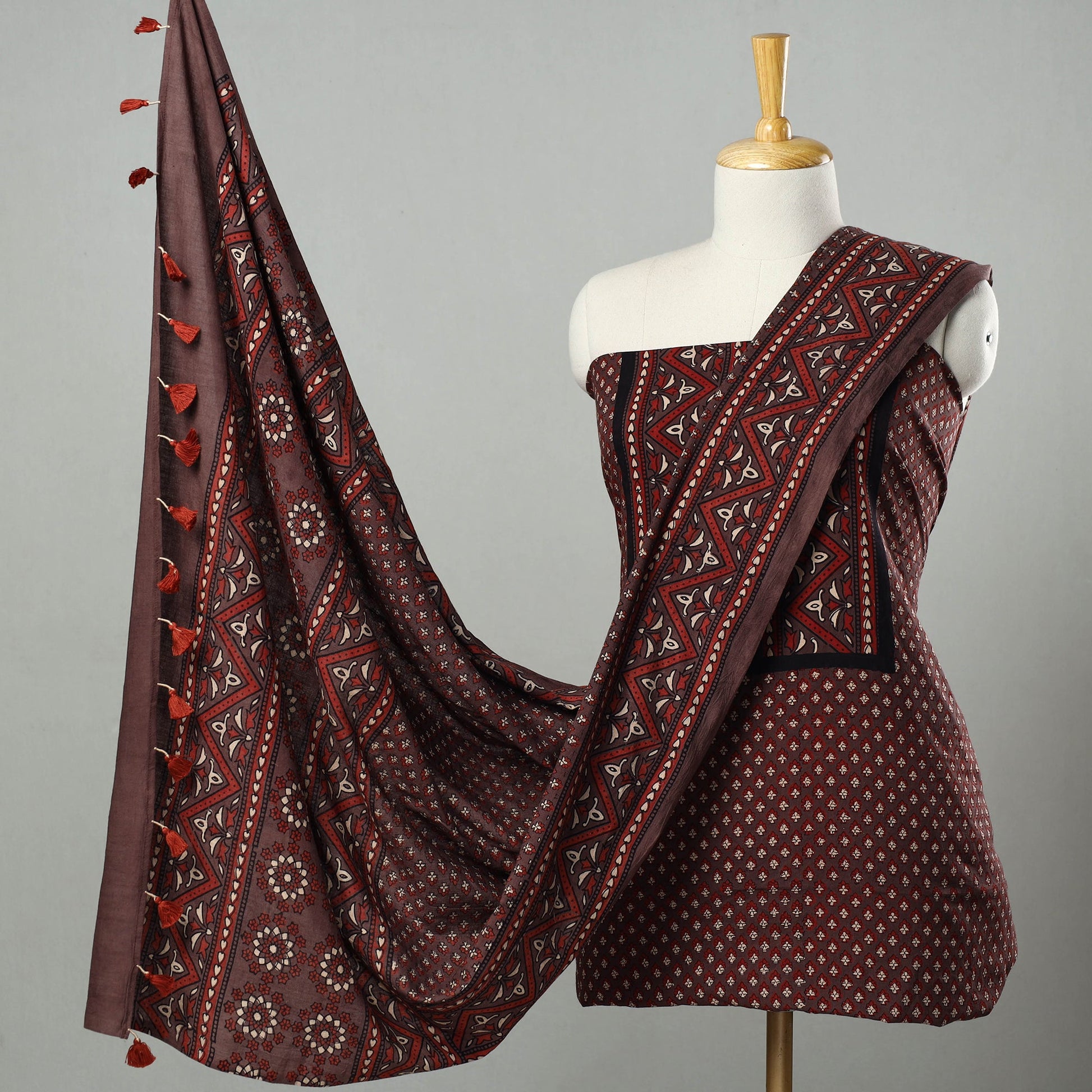 Brown - Hand Block Print Cotton 3pc Ajrakh Dress Material 35