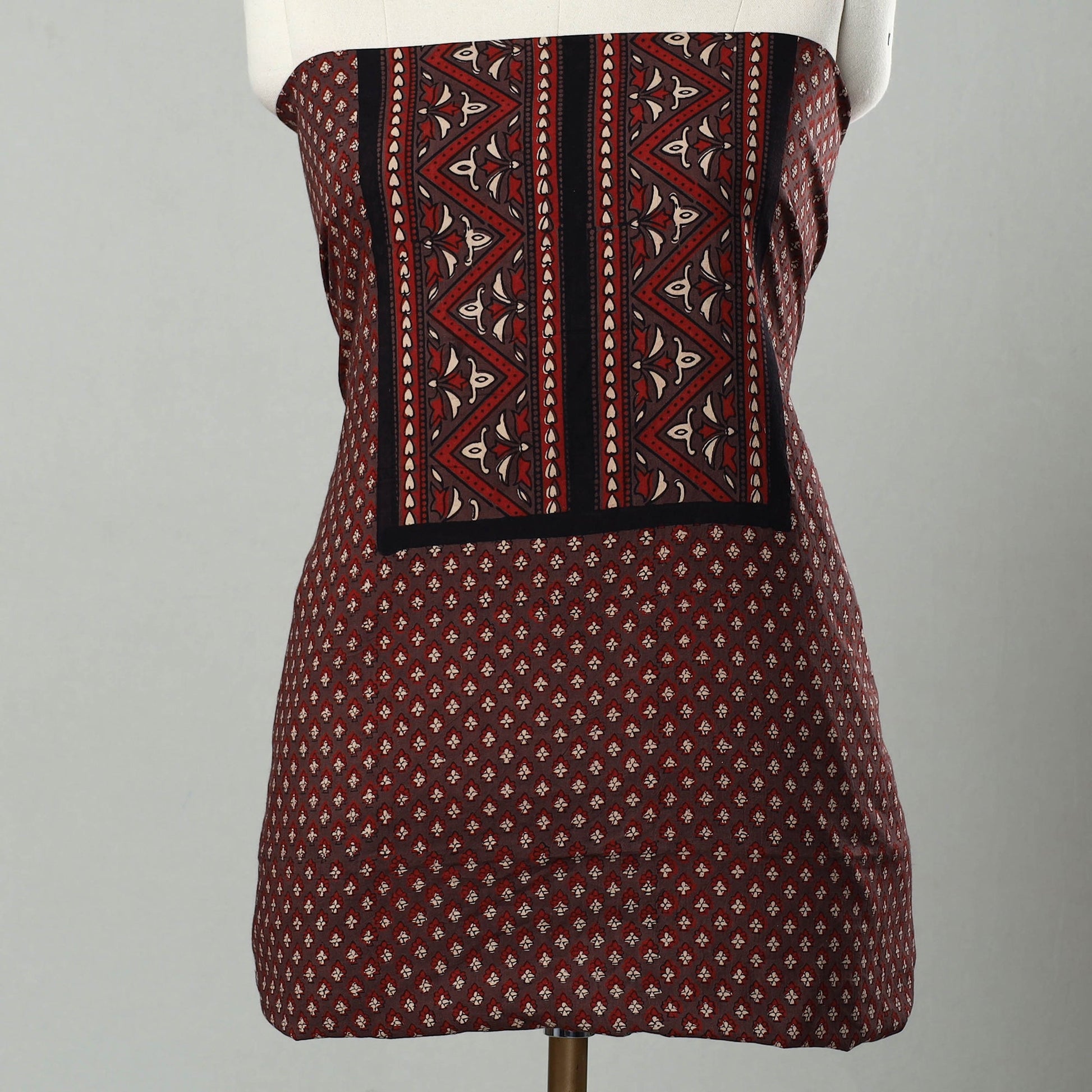 Brown - Hand Block Print Cotton 3pc Ajrakh Dress Material 35
