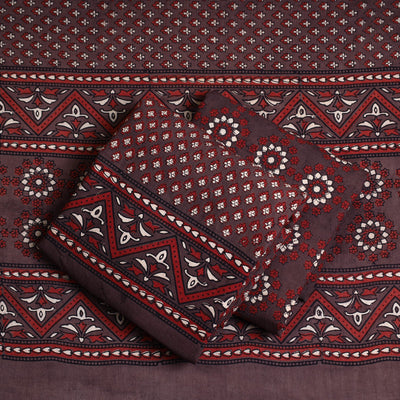 Brown - Hand Block Print Cotton 3pc Ajrakh Dress Material 35