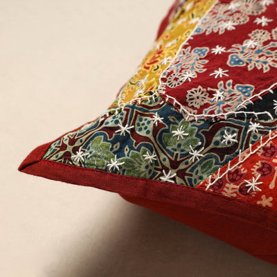 Ajrakh Tagai Patchwork Cotton Cushion Cover (16 x 16 in)
