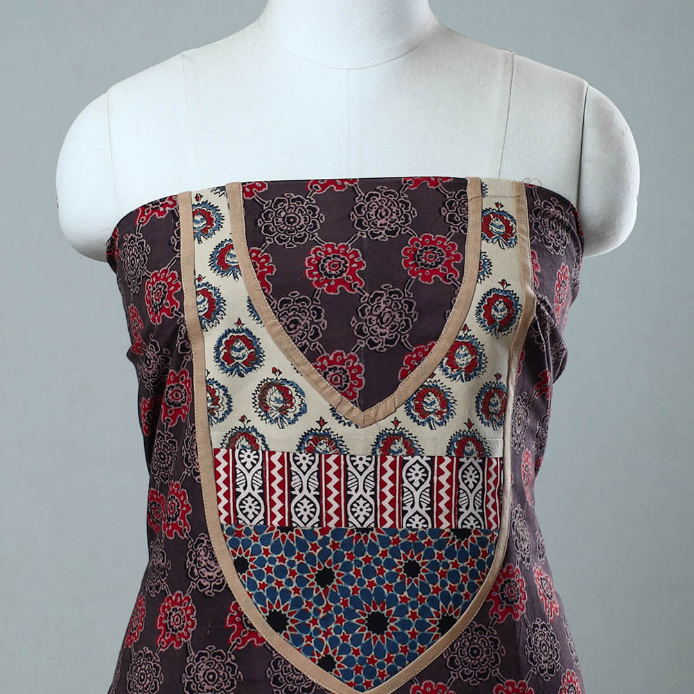Brown - Block Printed Cotton Ajrakh Kurta Material (2.8 meter) 27