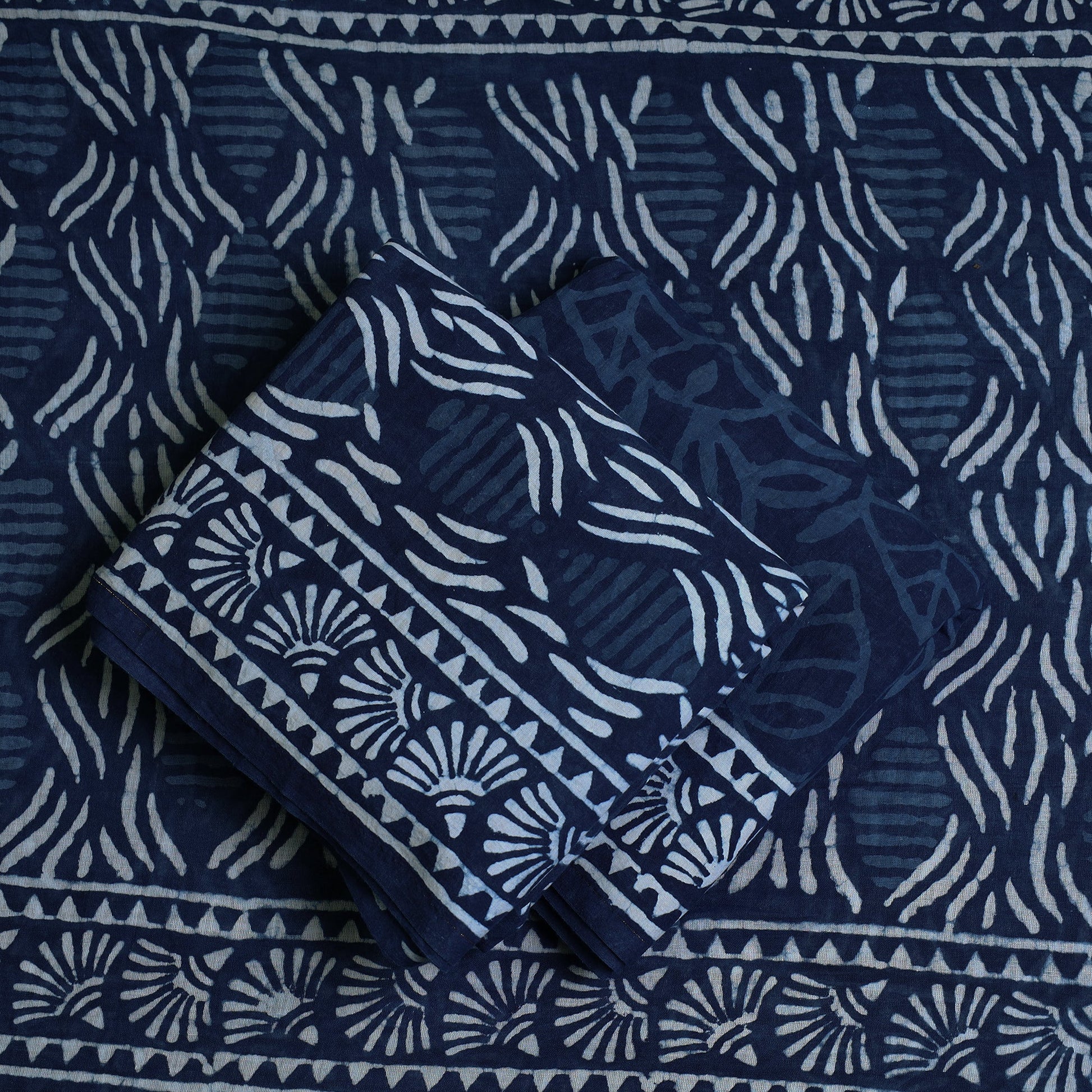 Blue - 3pc Cotton Indigo Bagru Print Dress Material Set 04