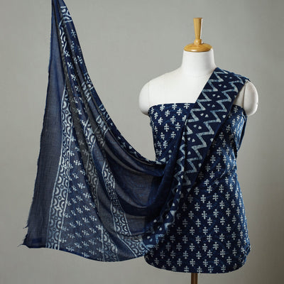 Blue - 3pc Cotton Indigo Bagru Print Dress Material Set 19