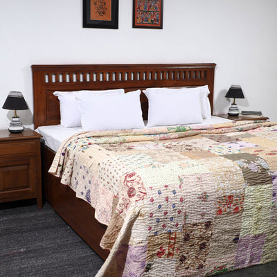 Beige - Khambadiya Patchwork Patola Silk Cotton Quilt / Gudri / Blanket