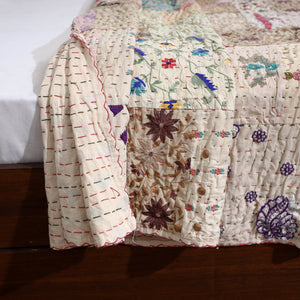 Beige - Khambadiya Patchwork Patola Silk Cotton Quilt / Gudri / Blanket