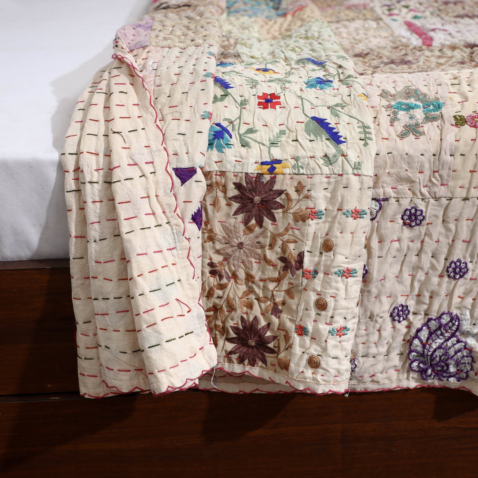 Beige - Khambadiya Patchwork Patola Silk Cotton Quilt / Gudri / Blanket