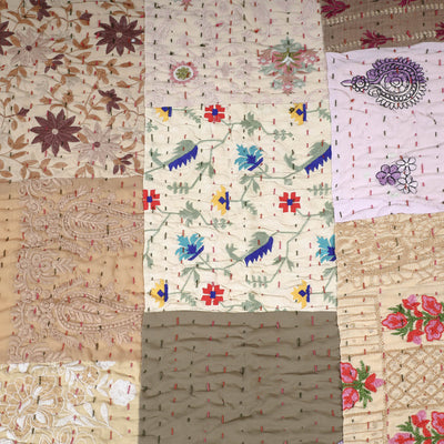 Beige - Khambadiya Patchwork Patola Silk Cotton Quilt / Gudri / Blanket