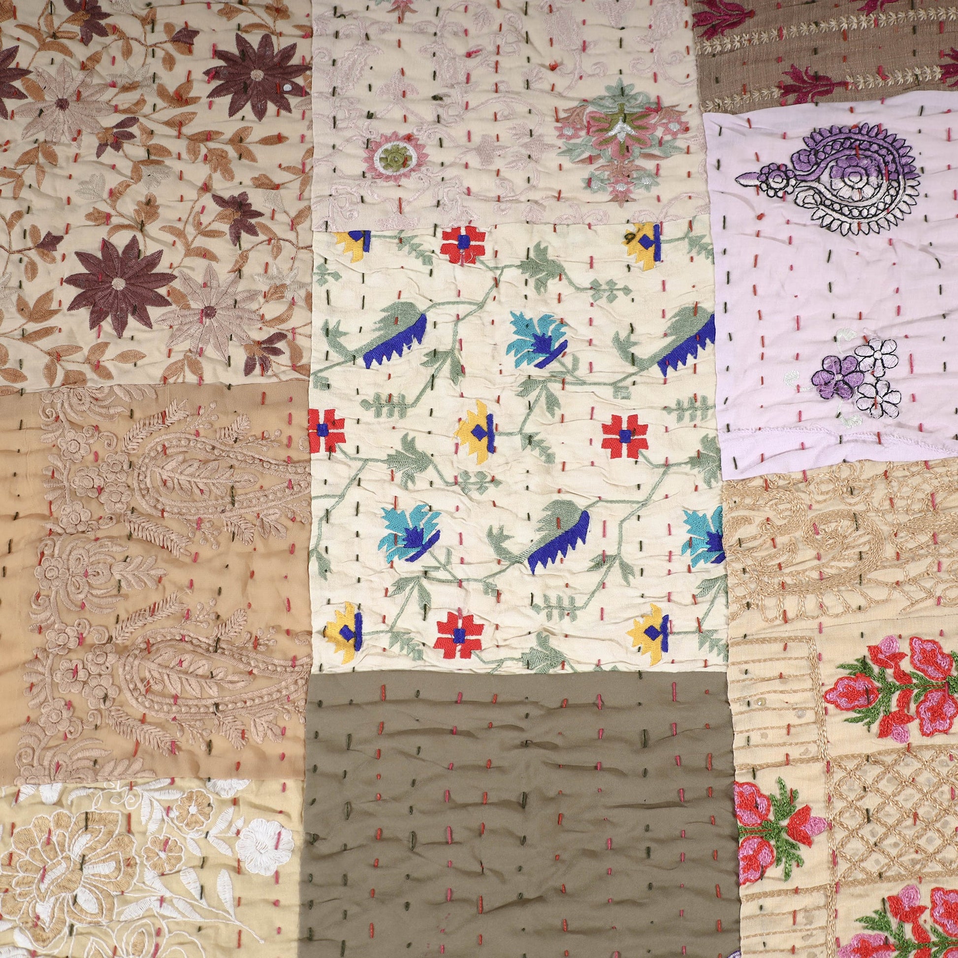 Beige - Khambadiya Patchwork Patola Silk Cotton Quilt / Gudri / Blanket