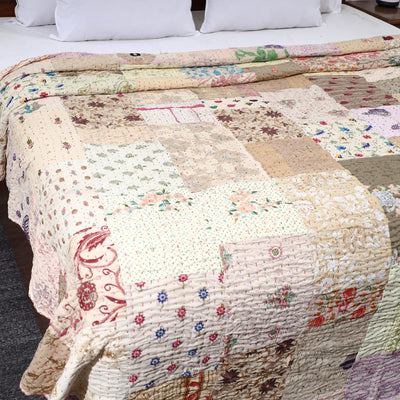 Beige - Khambadiya Patchwork Patola Silk Cotton Quilt / Gudri / Blanket