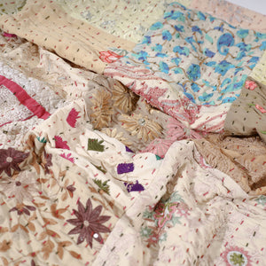 Beige - Khambadiya Patchwork Patola Silk Cotton Quilt / Gudri / Blanket