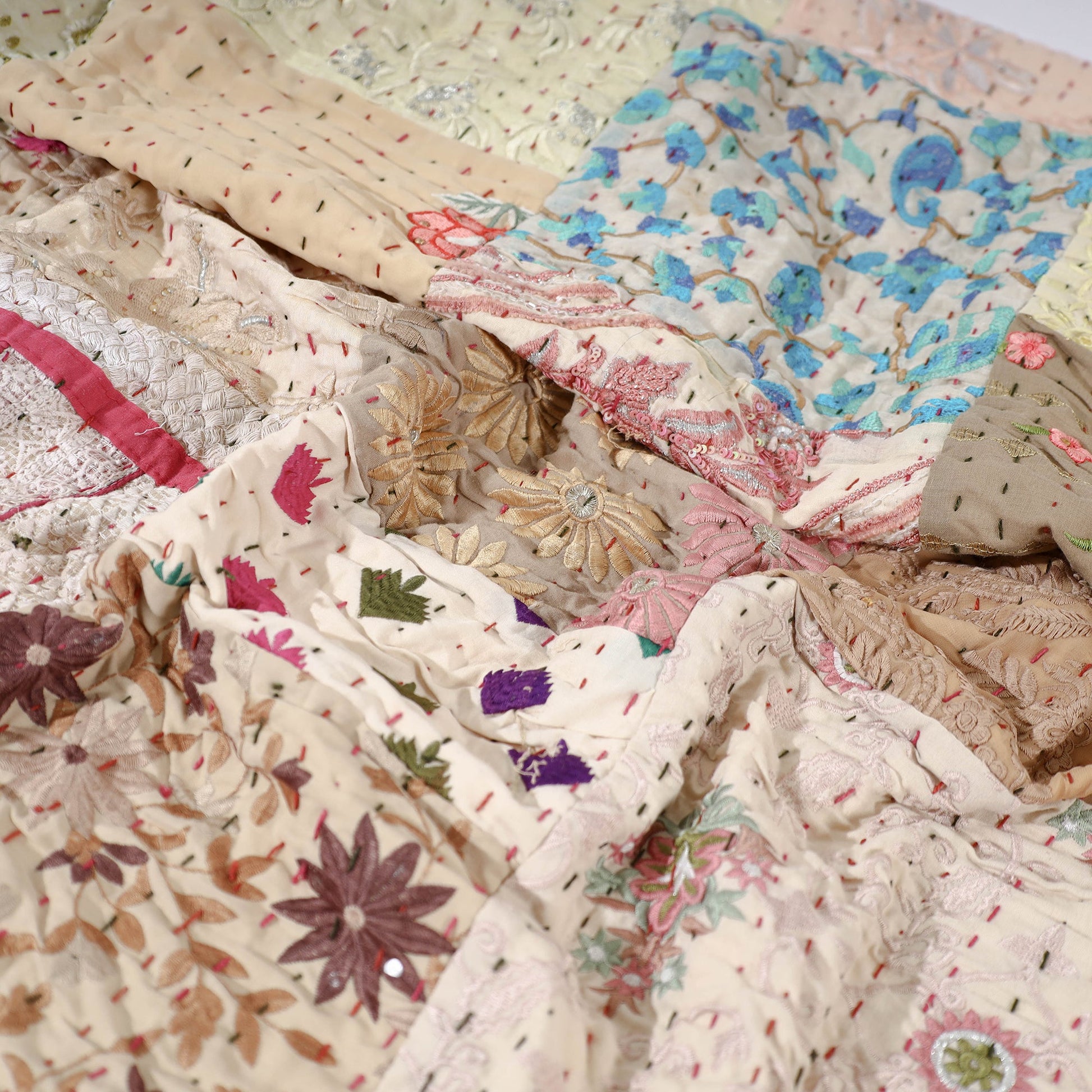 Beige - Khambadiya Patchwork Patola Silk Cotton Quilt / Gudri / Blanket