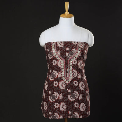 Brown - Bead Work Embroidery Bagru Print Cotton Kurta Material