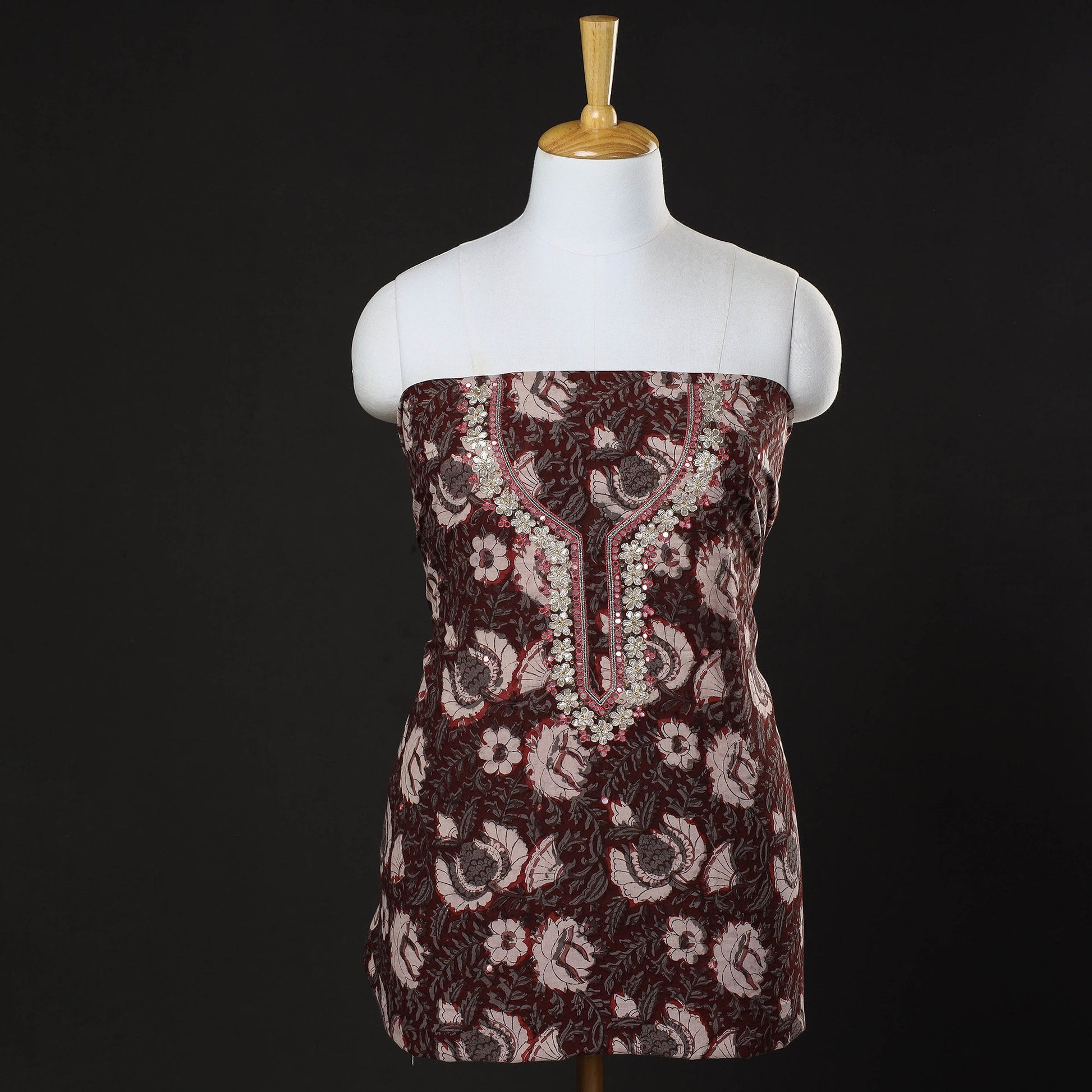 Brown - Bead Work Embroidery Bagru Print Cotton Kurta Material