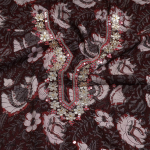 Brown - Bead Work Embroidery Bagru Print Cotton Kurta Material