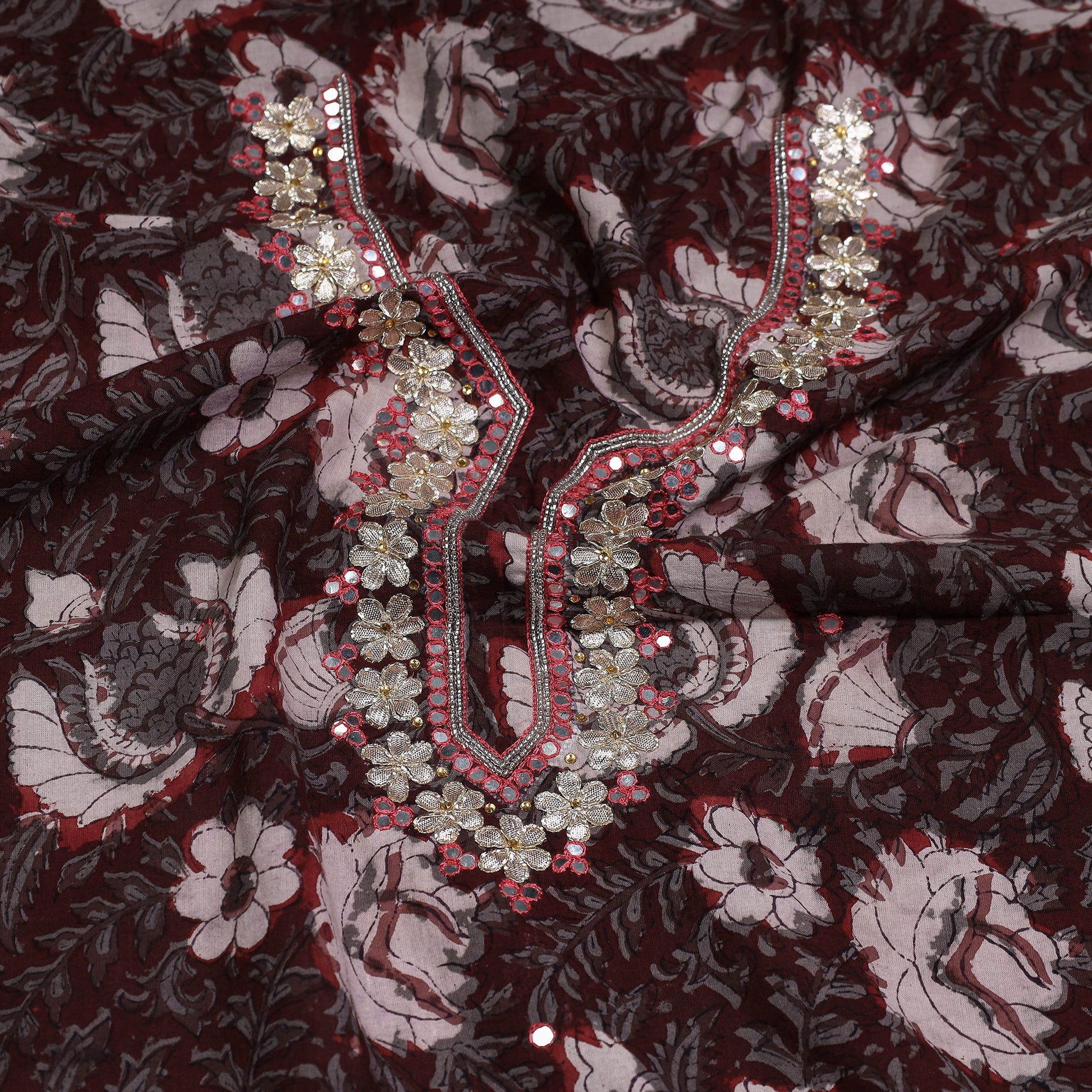 Brown - Bead Work Embroidery Bagru Print Cotton Kurta Material