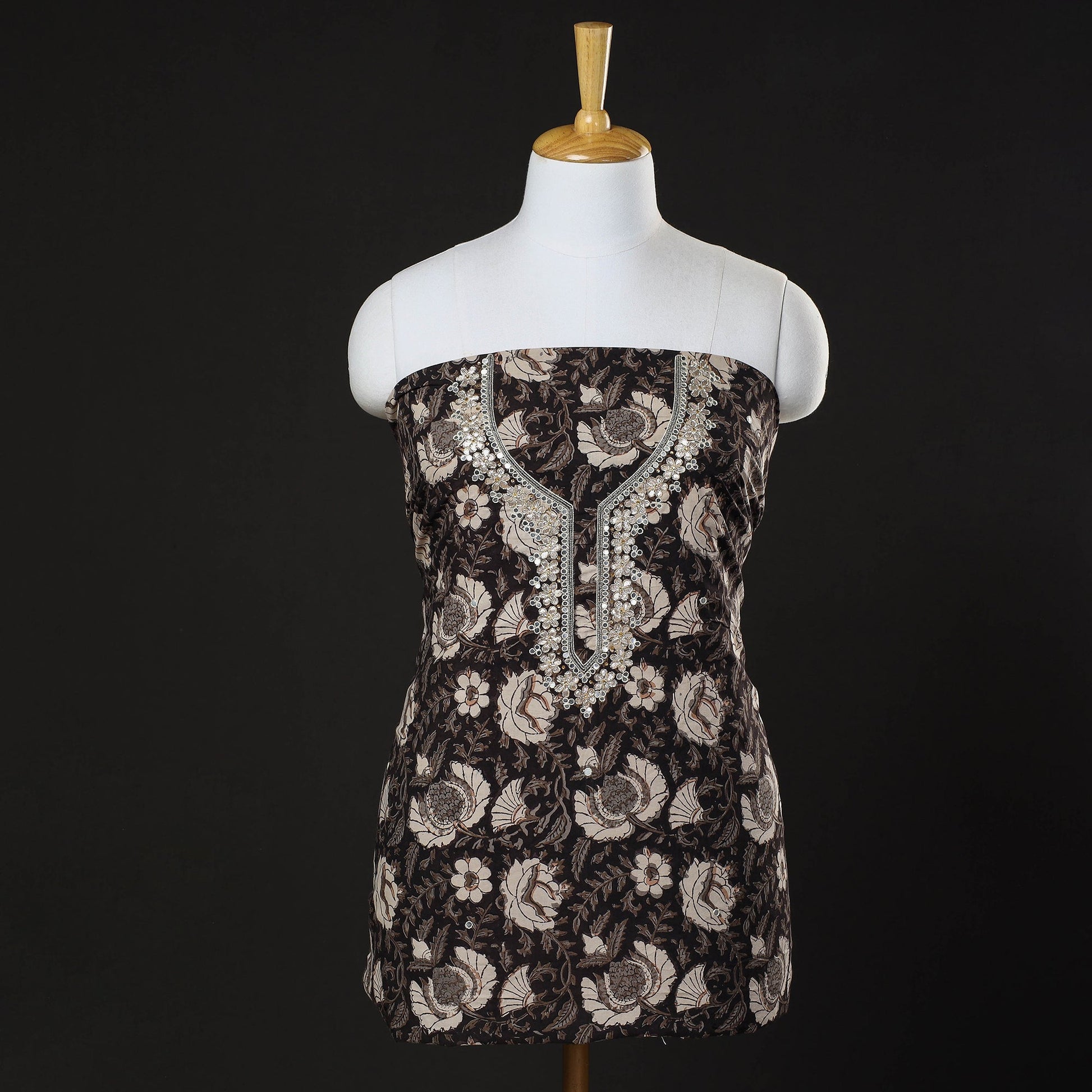 Black- Bead Work Embroidery Bagru Print Cotton Kurta Material