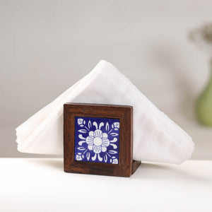 Brown - Original Blue Pottery Ceramic Sheesham Wood Napkin Holder