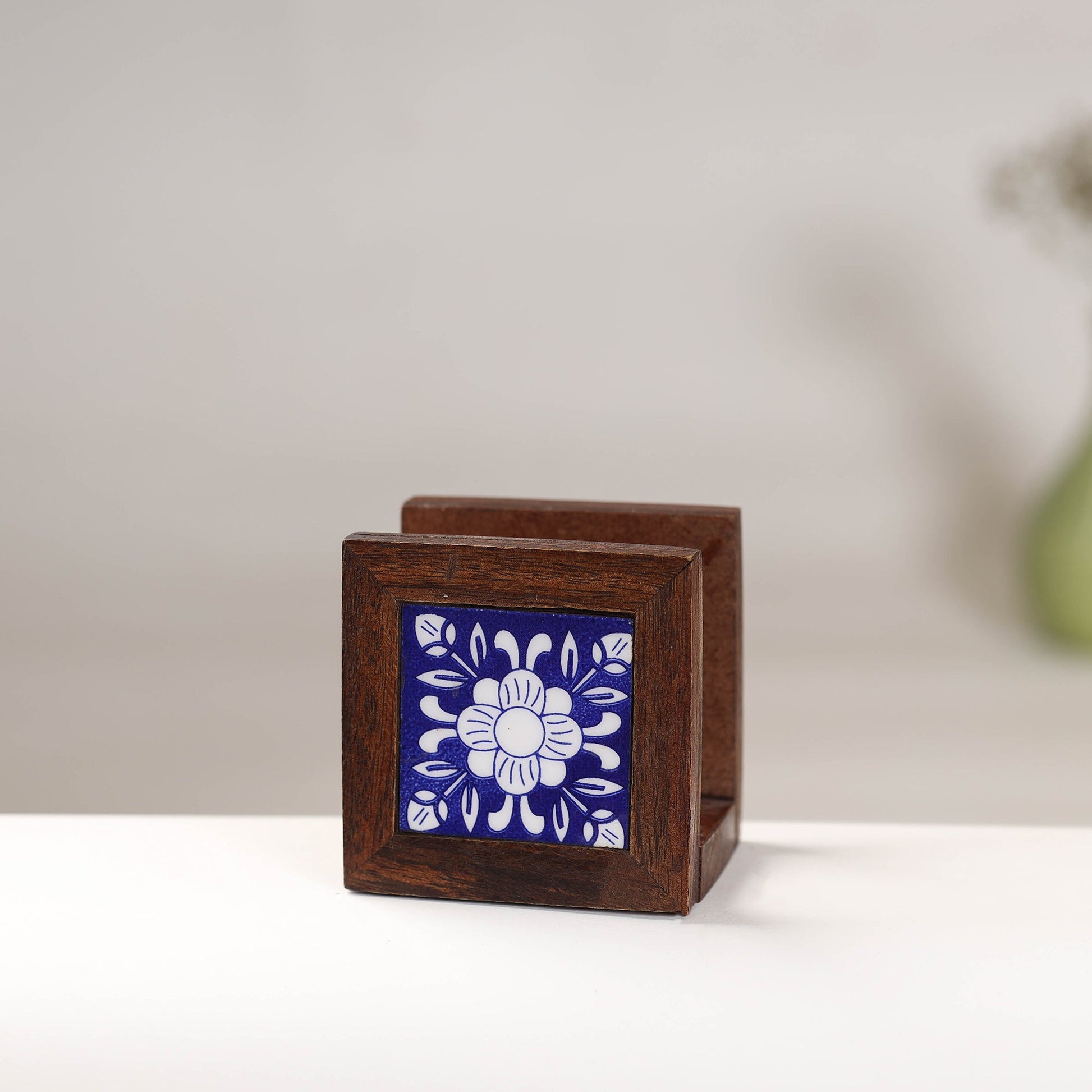 Brown - Original Blue Pottery Ceramic Sheesham Wood Napkin Holder
