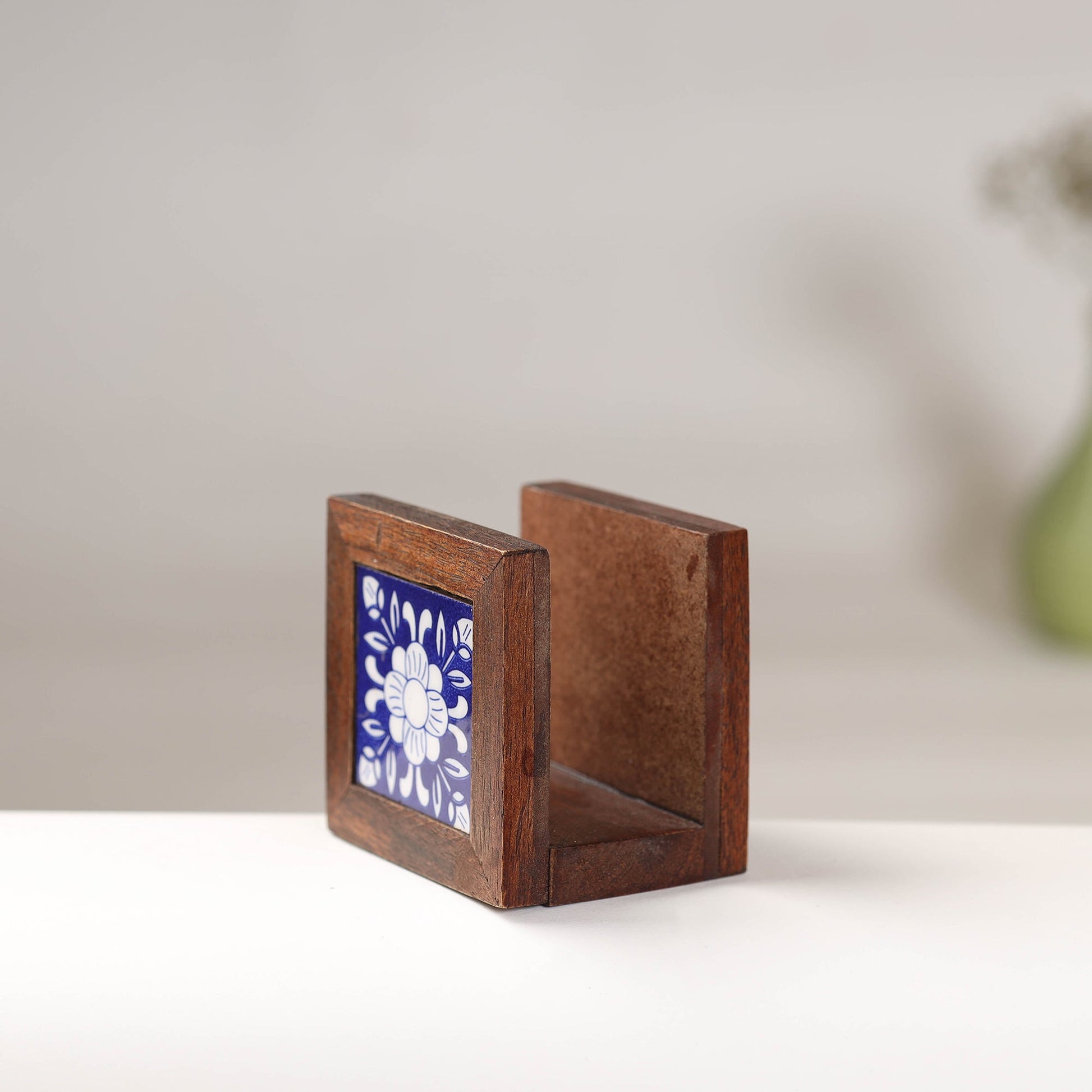 Brown - Original Blue Pottery Ceramic Sheesham Wood Napkin Holder