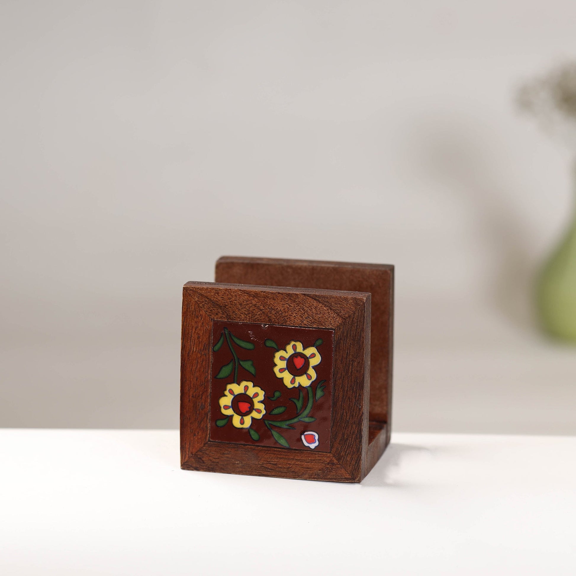 Brown - Original Blue Pottery Ceramic Sheesham Wood Napkin Holder