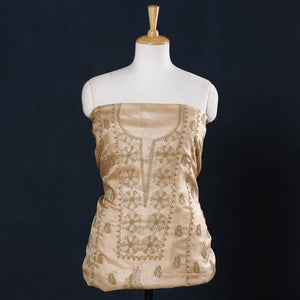 Beige - Lucknow Chikankari Hand Embroidery Tussar Silk Handloom Kurta Material - 2.8 Meter