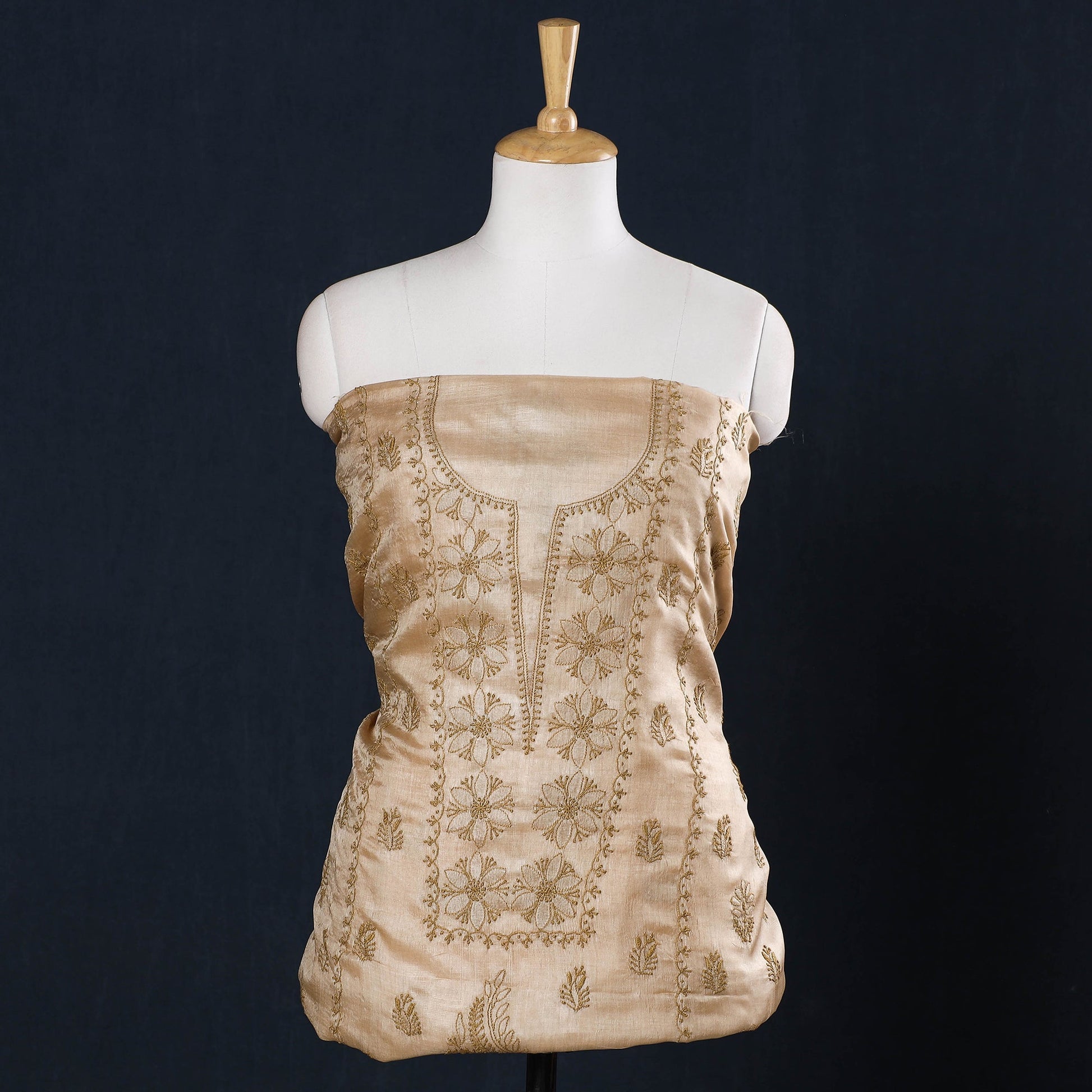 Beige - Lucknow Chikankari Hand Embroidery Tussar Silk Handloom Kurta Material - 2.8 Meter