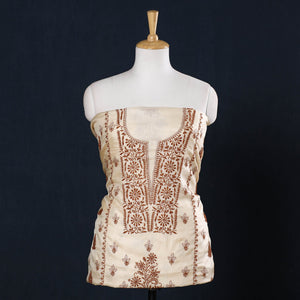 Beige - Lucknow Chikankari Hand Embroidery Tussar Silk Handloom Kurta Material - 2.8 Meter
