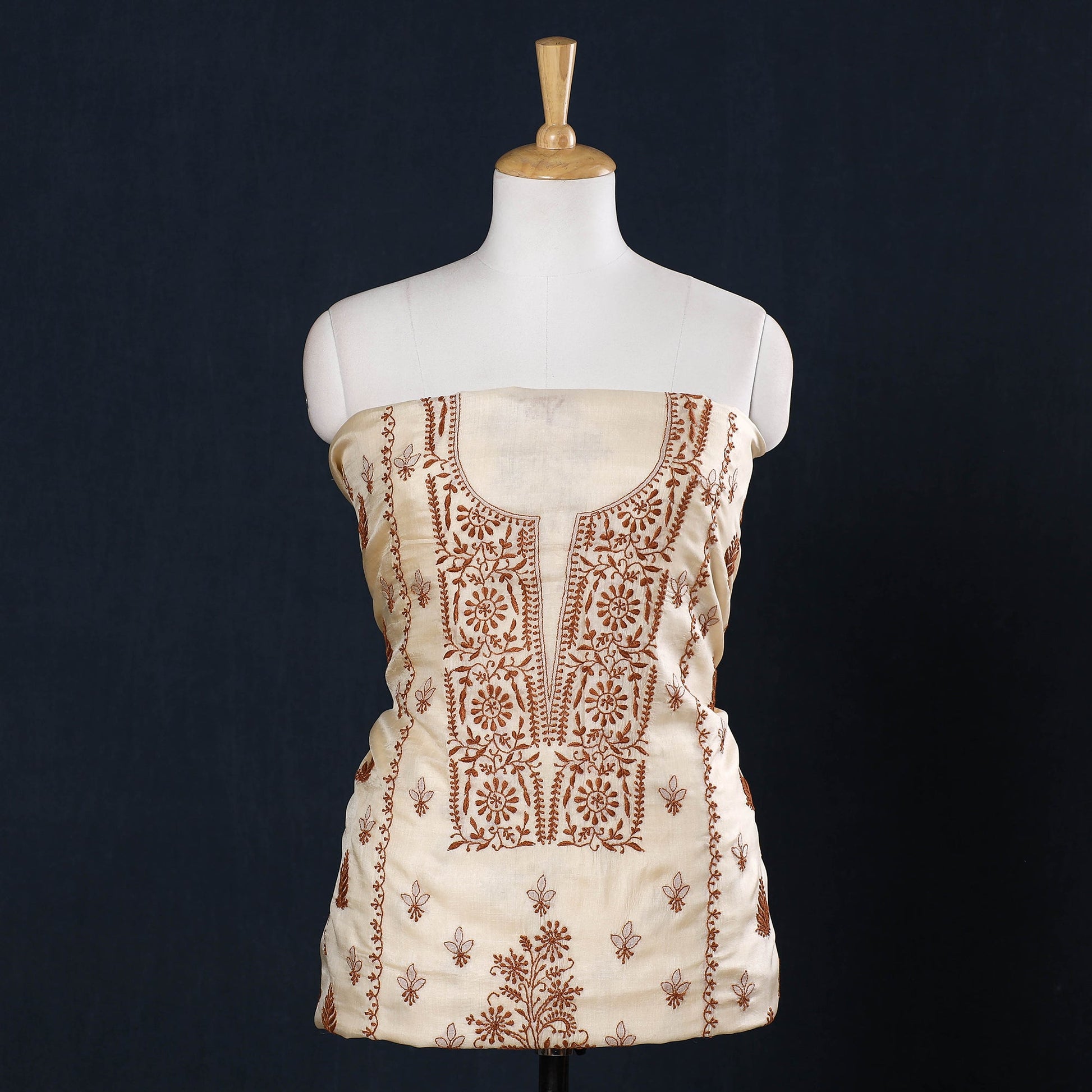 Beige - Lucknow Chikankari Hand Embroidery Tussar Silk Handloom Kurta Material - 2.8 Meter