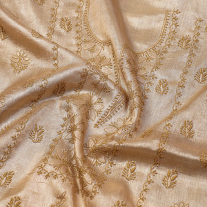 Beige - Lucknow Chikankari Hand Embroidery Tussar Silk Handloom Kurta Material - 2.8 Meter