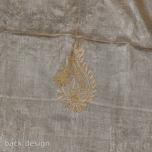 Beige - Lucknow Chikankari Hand Embroidery Tussar Silk Handloom Kurta Material - 2.8 Meter