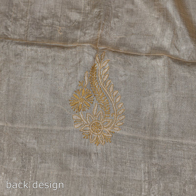 Beige - Lucknow Chikankari Hand Embroidery Tussar Silk Handloom Kurta Material - 2.8 Meter
