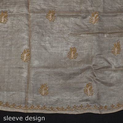 Beige - Lucknow Chikankari Hand Embroidery Tussar Silk Handloom Kurta Material - 2.8 Meter