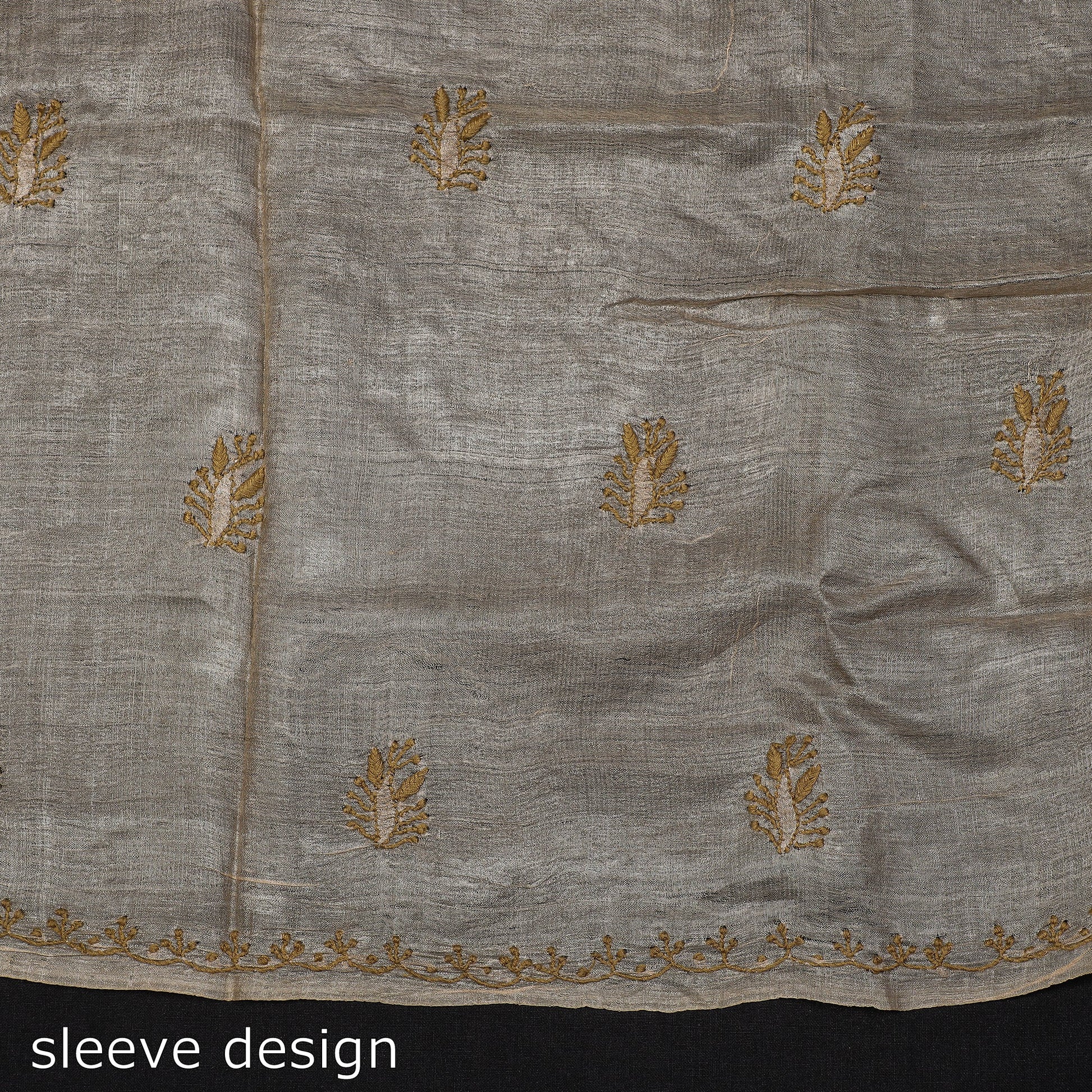 Beige - Lucknow Chikankari Hand Embroidery Tussar Silk Handloom Kurta Material - 2.8 Meter