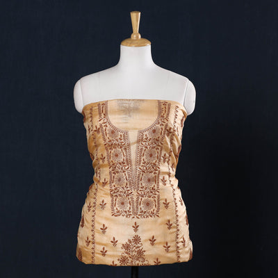 Beige - Lucknow Chikankari Hand Embroidery Tussar Silk Handloom Kurta Material - 2.8 Meter