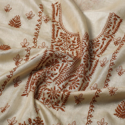 Beige - Lucknow Chikankari Hand Embroidery Tussar Silk Handloom Kurta Material - 2.8 Meter