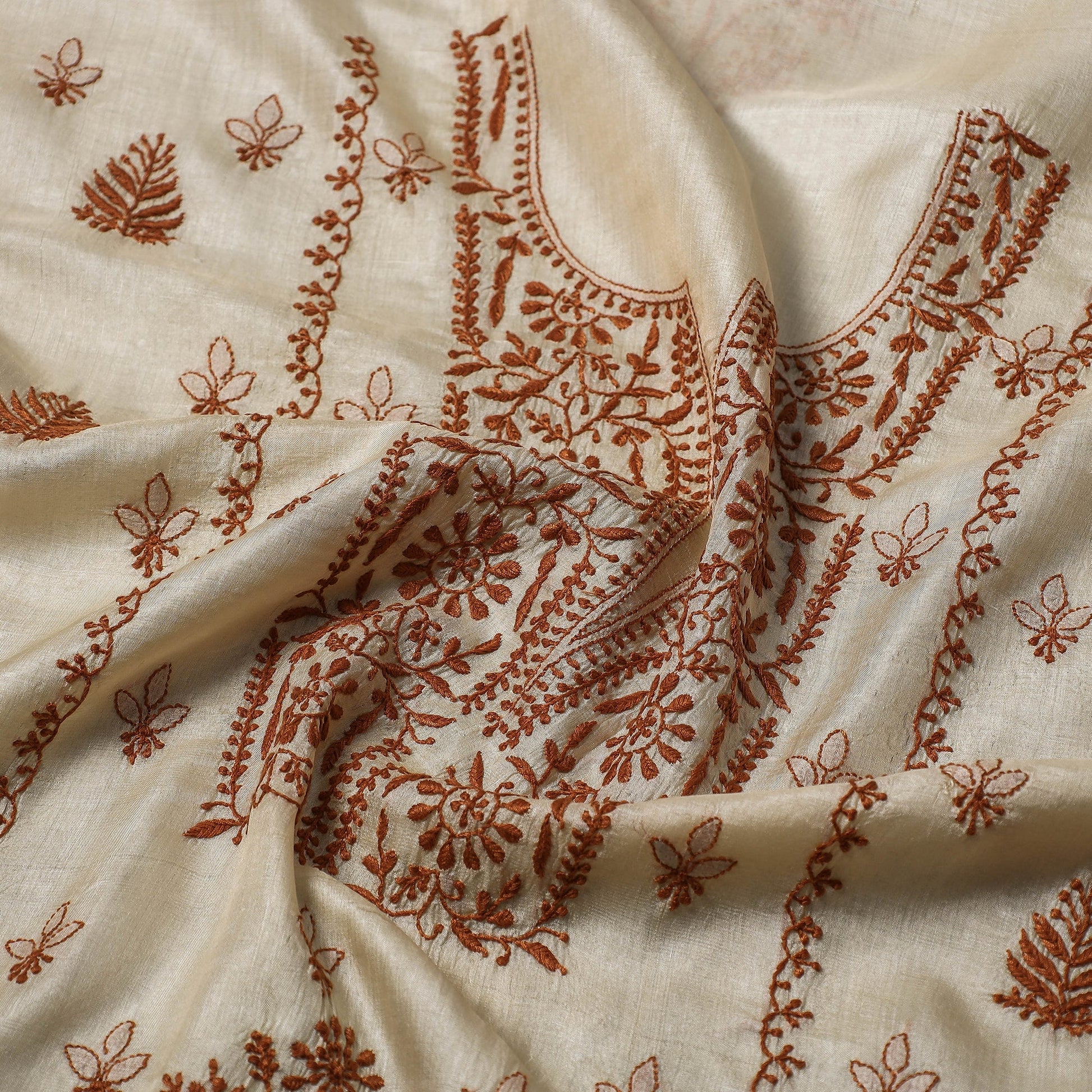 Beige - Lucknow Chikankari Hand Embroidery Tussar Silk Handloom Kurta Material - 2.8 Meter