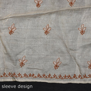 Beige - Lucknow Chikankari Hand Embroidery Tussar Silk Handloom Kurta Material - 2.8 Meter