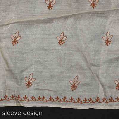 Beige - Lucknow Chikankari Hand Embroidery Tussar Silk Handloom Kurta Material - 2.8 Meter