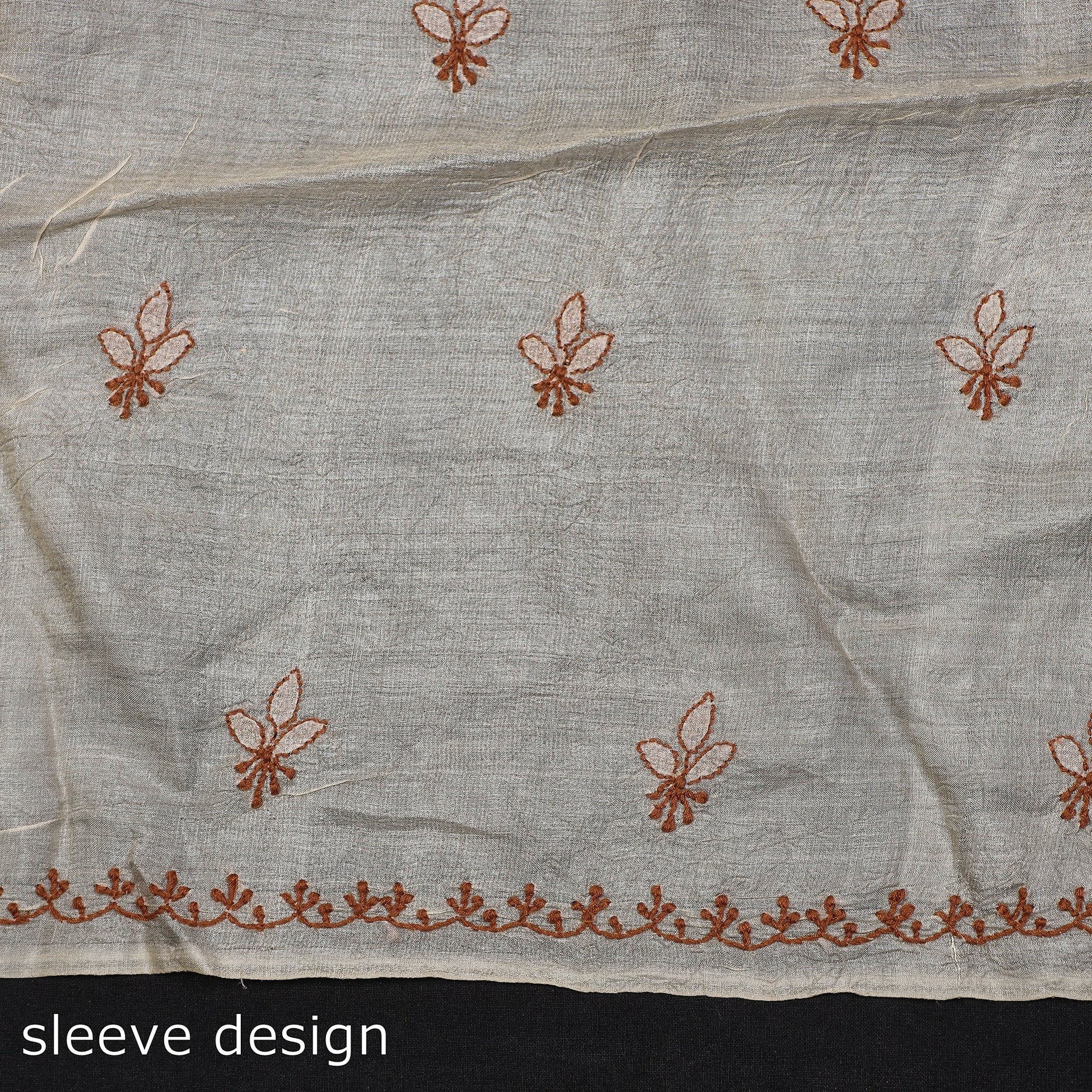 Beige - Lucknow Chikankari Hand Embroidery Tussar Silk Handloom Kurta Material - 2.8 Meter